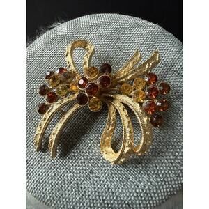 Vtg 50s Coro Brooch Ribbon Bow Amber Rhinestone Flower Gold Tone Pin Signed